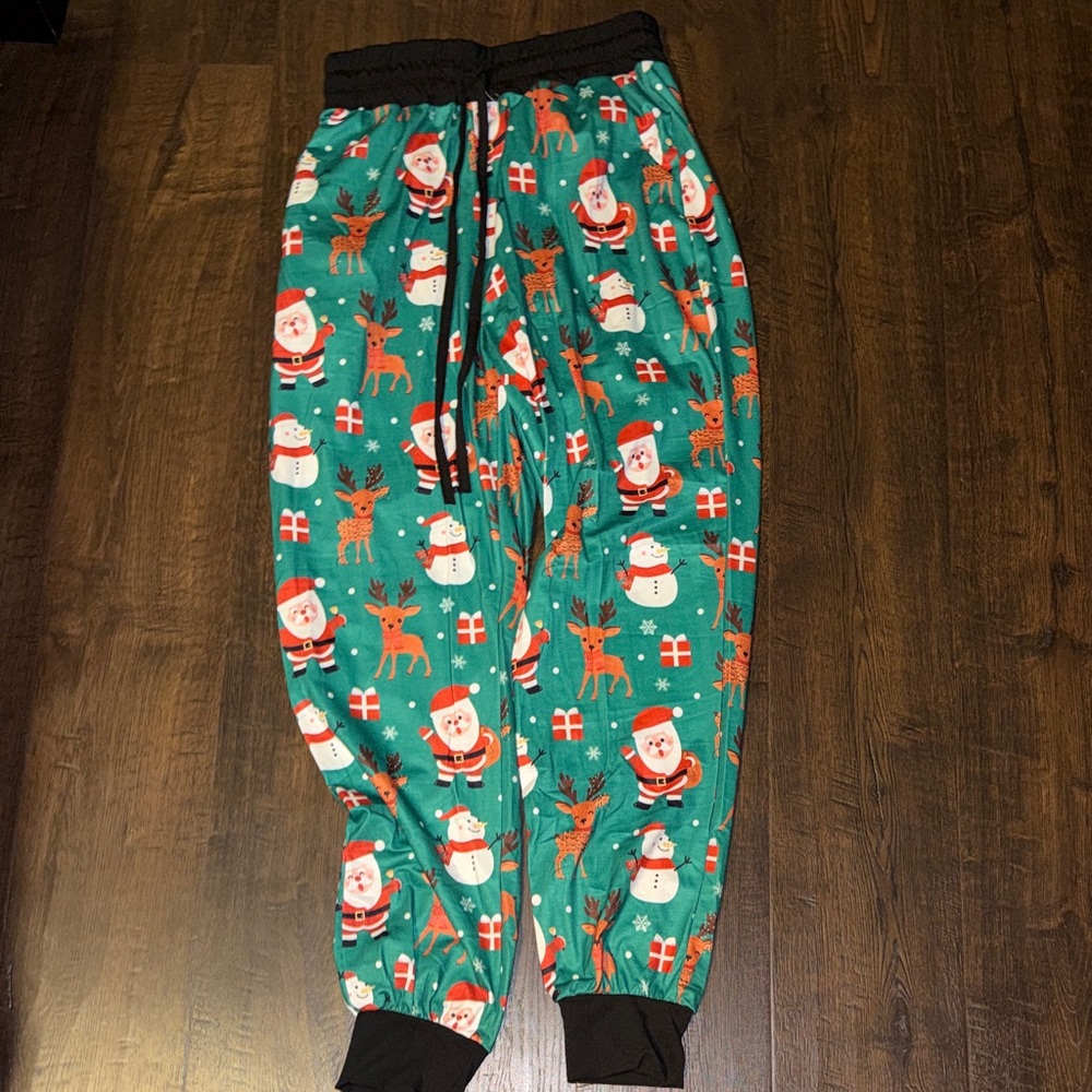 Amazon Festive Santa and Reindeer Pajama Pants - Green and Black